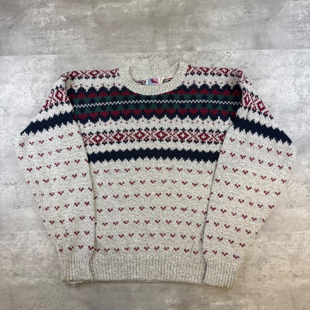 Vintage American Spirit Fair Isle Sweater Mens Large Grey Cotton Knit USA Made